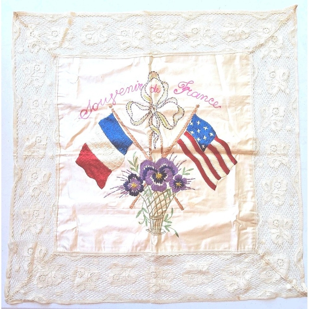 Antique WWI Souvenir de France Silk Pillow Case Wall Decor Ribbon Roses‎ Lace